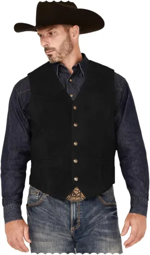 Men's Suede Leather Vest Slim Fit V-Neck Western Cowboy Waistcoat for Wedding Prom
