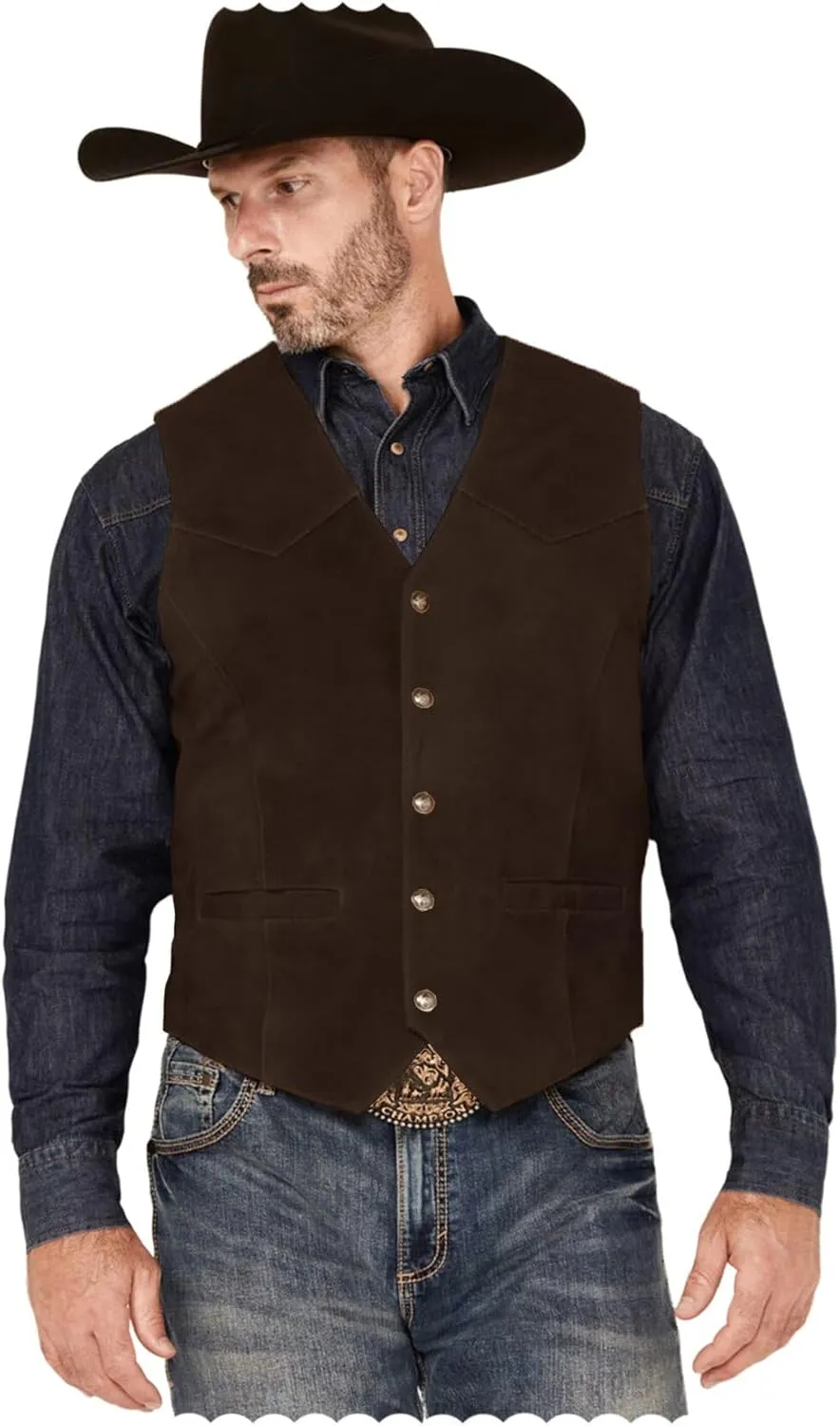 Men's Suede Leather Vest Slim Fit V-Neck Western Cowboy Waistcoat for Wedding Prom