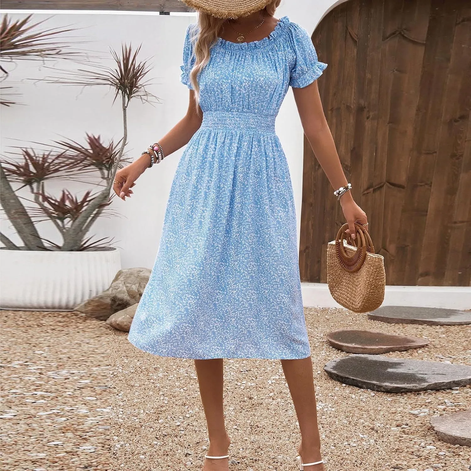 Midi Dresses for Women Floral Spring Dresses Ruffle Sleeve Crewneck Flowy Dress Wedding Guest Dress 2025 Trendy