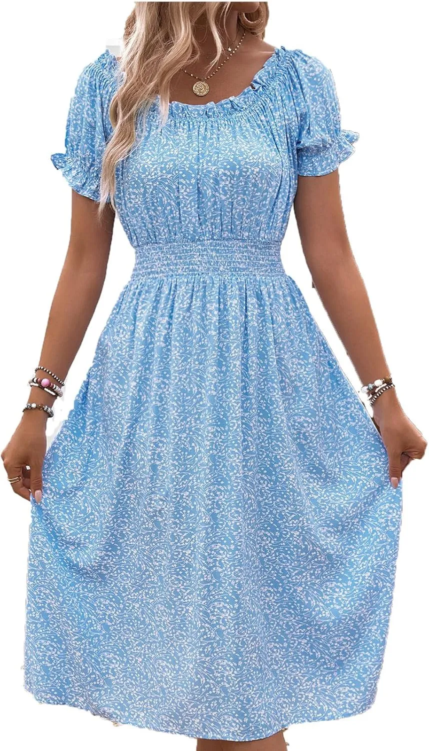 Midi Dresses for Women Floral Spring Dresses Ruffle Sleeve Crewneck Flowy Dress Wedding Guest Dress 2025 Trendy