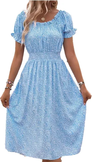 Midi Dresses for Women Floral Spring Dresses Ruffle Sleeve Crewneck Flowy Dress Wedding Guest Dress 2025 Trendy