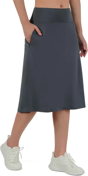 Midi Length Skorts Skirts for Women Modest Knee Length Skorts Athletic 26" Long Skirts with Zipper Pockets