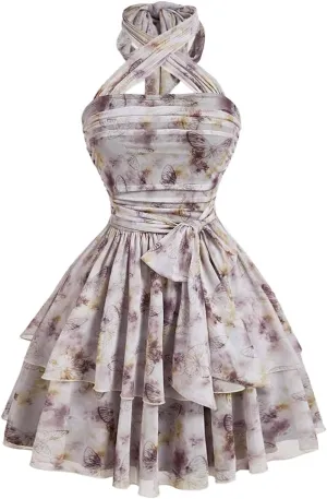 Milumia Women's Floral Mesh Criss Cross Bow Tie Ruffle Backless Halter Mini Dresses