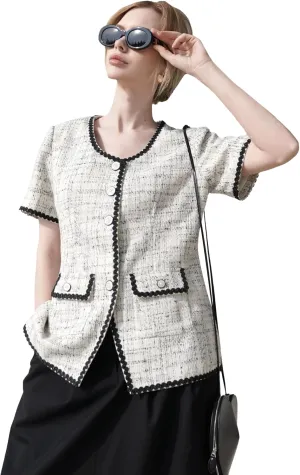 M.Infisavo Tweed Blazer Jackets for Women 2025 Spring Summer Elegant Short Sleeves Button Office Outfit with Braid Trim