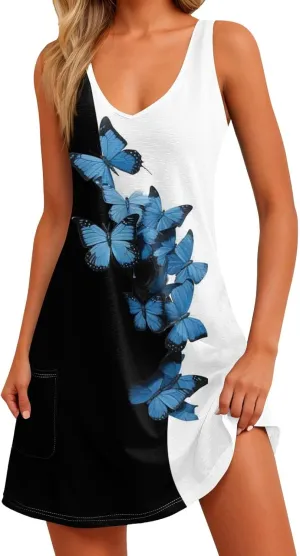 Mini Dresses for Women V Neck Floral Print Tank Dresses Sleeveless Sundresses Swing Beach Dress Beach Cover Ups