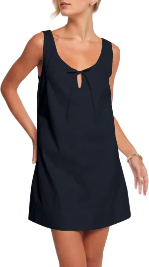 MISSACTIVER Womens Sexy Scoop Neck Summer Mini Dress 2025 Sleeveless Tie Up Back Button Hollow Out Sundress with Pocket