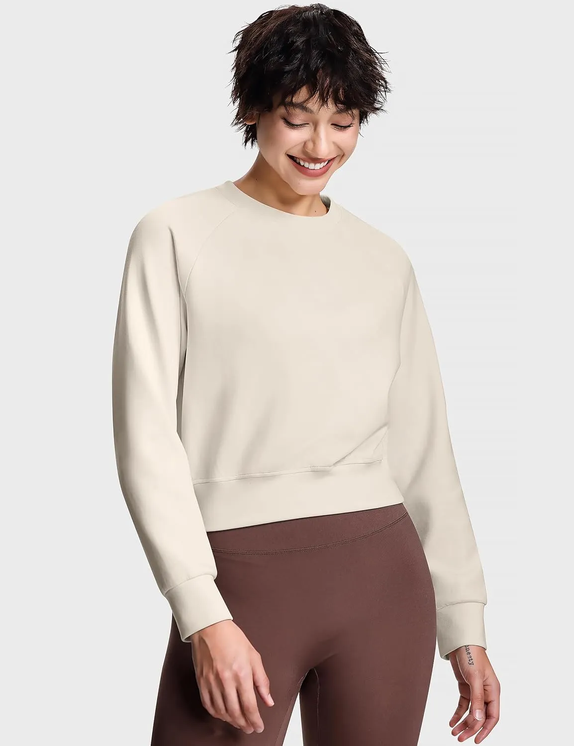 Modal Soft Cropped Sweatshirts for Women Long Sleeve Crew Neck Pullover Crop Top