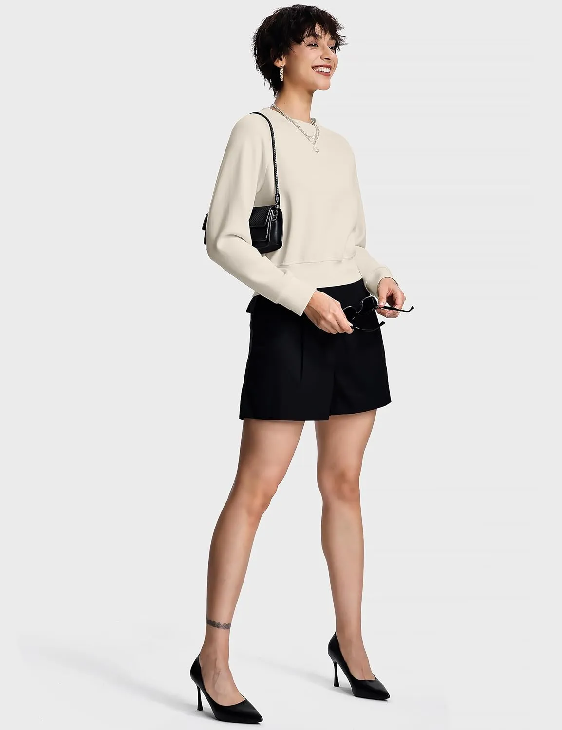 Modal Soft Cropped Sweatshirts for Women Long Sleeve Crew Neck Pullover Crop Top