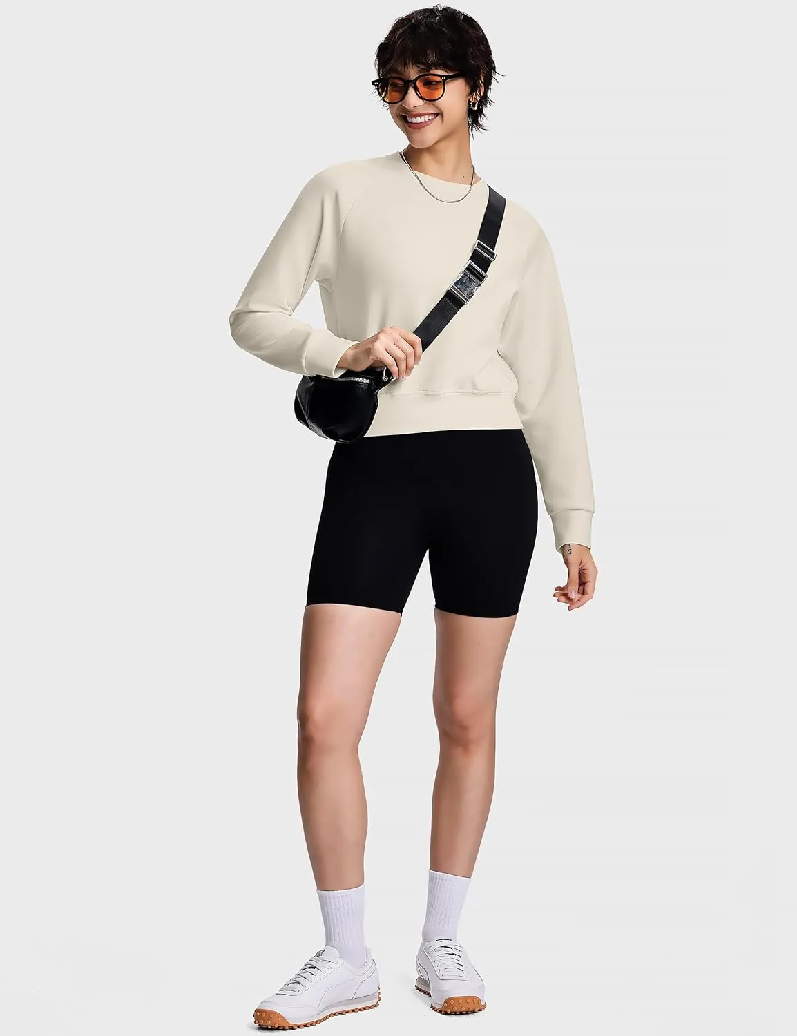 Modal Soft Cropped Sweatshirts for Women Long Sleeve Crew Neck Pullover Crop Top