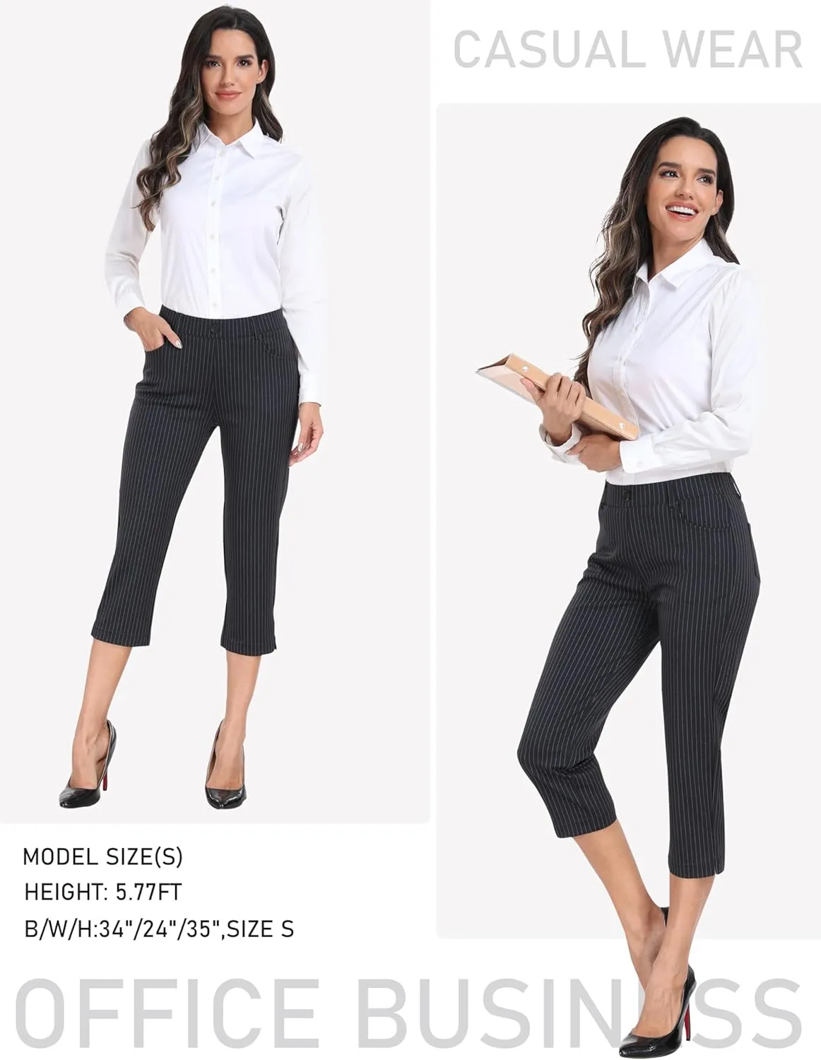 MoFiz Women's Capri Pants Summer Pull-On Stretch Straight Leg Golf Yoga & Business Casual Dressy Cropped Pants with Pockets