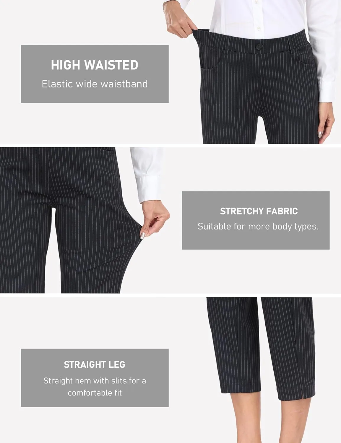 MoFiz Women's Capri Pants Summer Pull-On Stretch Straight Leg Golf Yoga & Business Casual Dressy Cropped Pants with Pockets