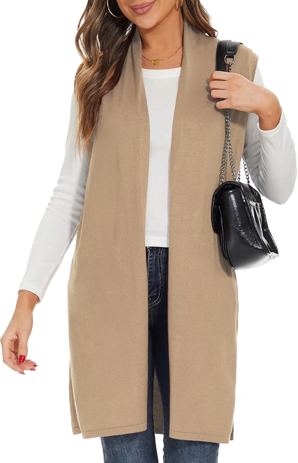 Moss Rose Women's Long Knit Cardigan Vest Casual Sleeveless Open Front Draped Duster Vest (Available in Plus Size)