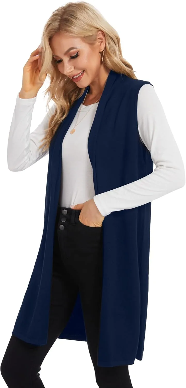 Moss Rose Women's Long Knit Cardigan Vest Casual Sleeveless Open Front Draped Duster Vest (Available in Plus Size)
