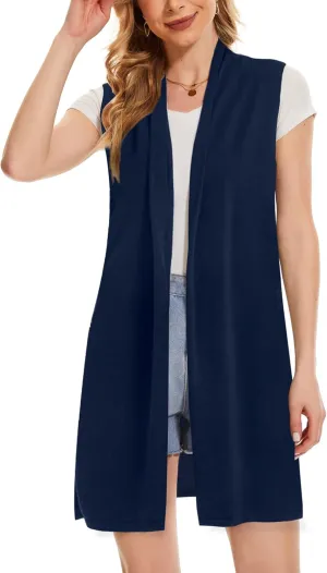 Moss Rose Women's Long Knit Cardigan Vest Casual Sleeveless Open Front Draped Duster Vest (Available in Plus Size)