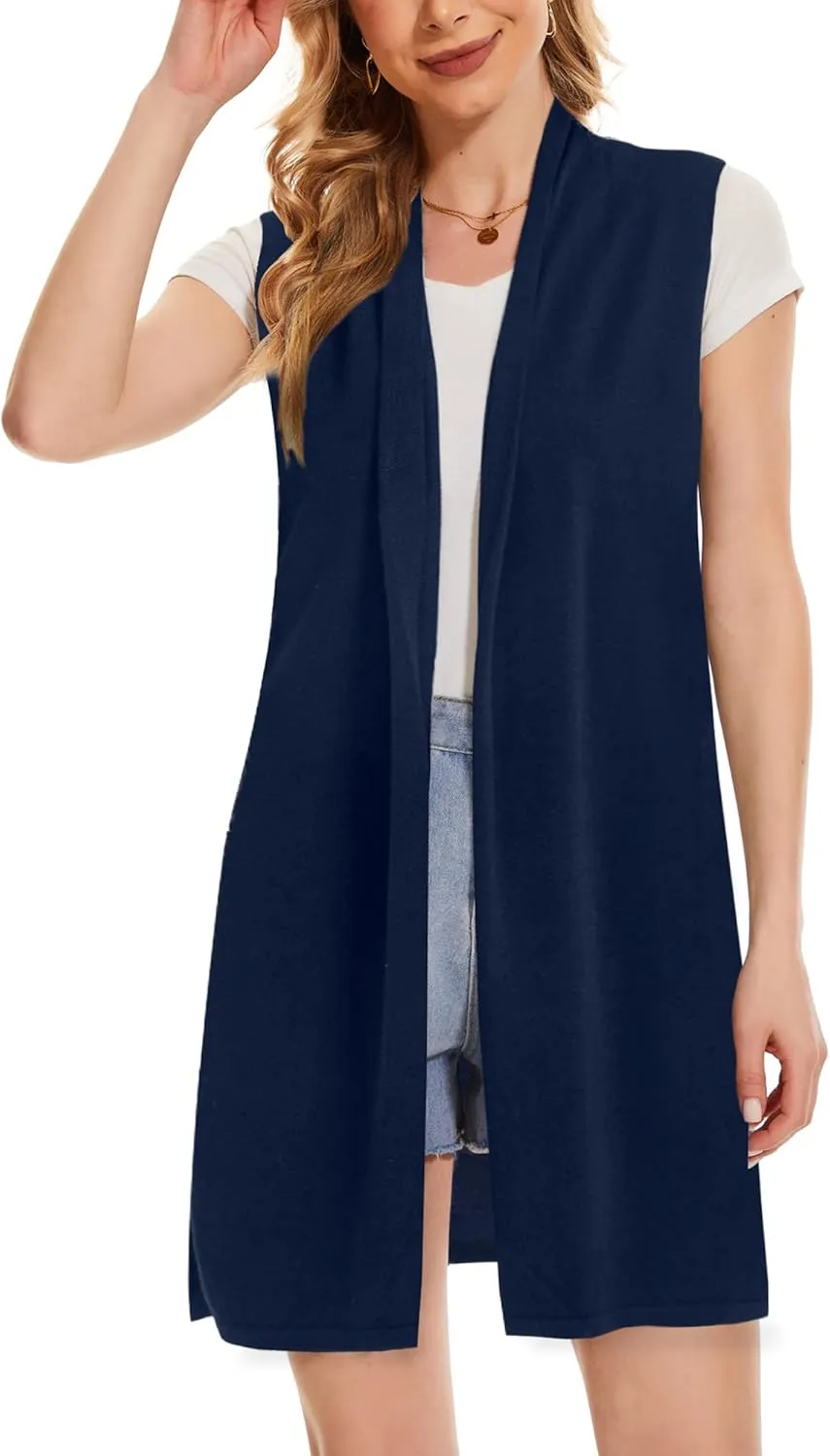 Moss Rose Women's Long Knit Cardigan Vest Casual Sleeveless Open Front Draped Duster Vest (Available in Plus Size)