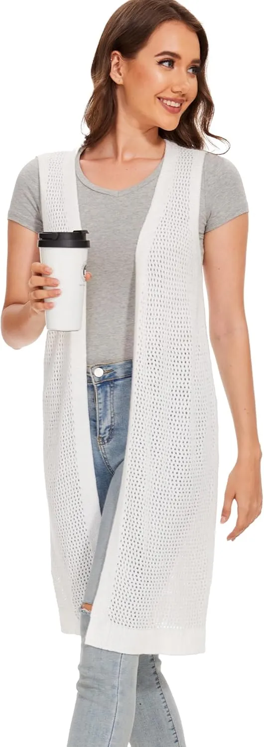 Moss Rose Womens Sleeveless Cardigans Vests Long Open Front Hollow Crochet Cardigan Sweater Duster Vest