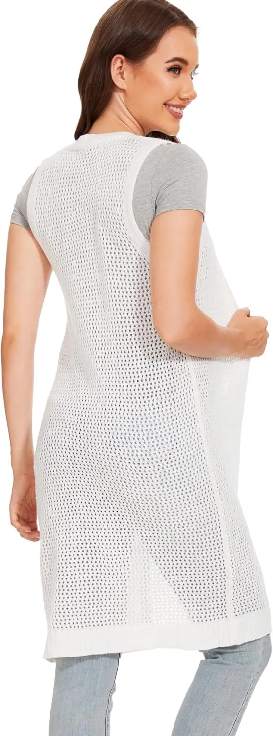 Moss Rose Womens Sleeveless Cardigans Vests Long Open Front Hollow Crochet Cardigan Sweater Duster Vest