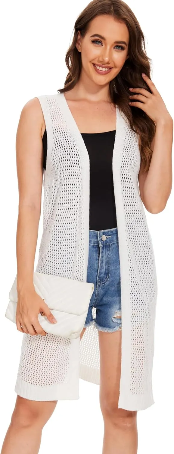 Moss Rose Womens Sleeveless Cardigans Vests Long Open Front Hollow Crochet Cardigan Sweater Duster Vest