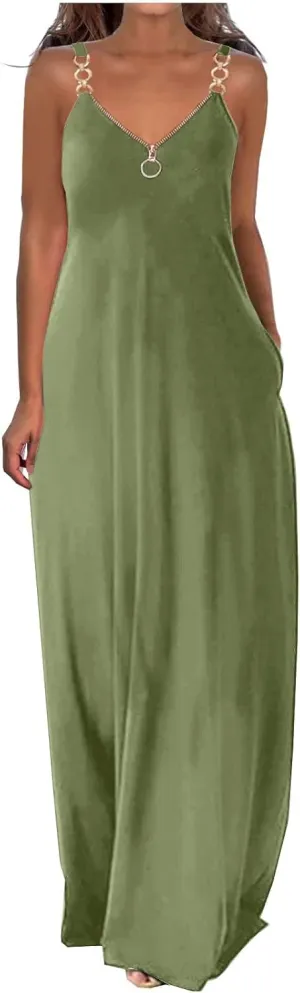 NaRHbrg Women's 2025 Summer Beach Dress Casual Sleeveless V Neck Spaghetti Strap Maxi Dresses Flowy Long Boho Sundress