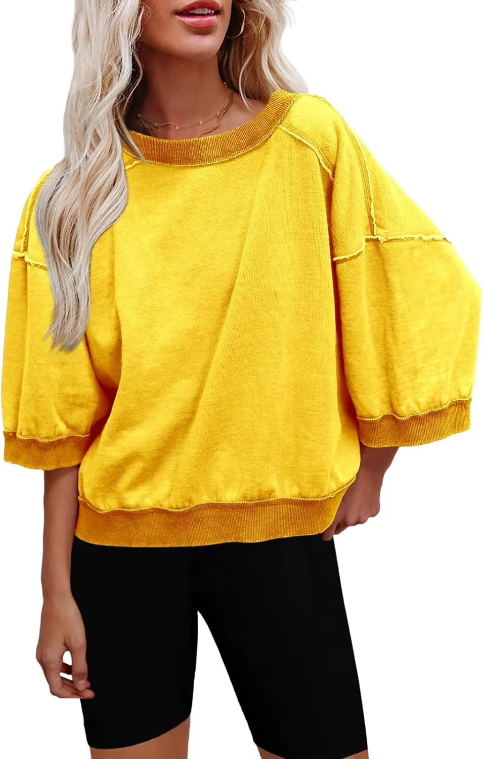 Nirovien Womens Oversized Sweatshirt 3/4 Sleeve Crewneck Sweatshirts Summer Color Block Pullover Tops