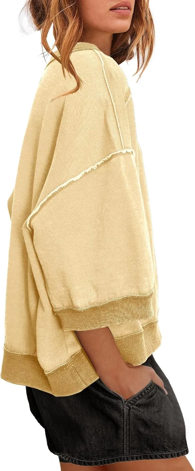 Nirovien Womens Oversized Sweatshirt 3/4 Sleeve Crewneck Sweatshirts Summer Color Block Pullover Tops