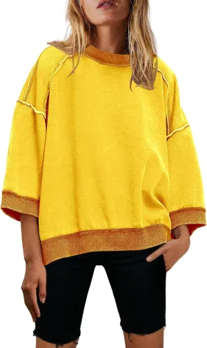 Nirovien Womens Oversized Sweatshirt 3/4 Sleeve Crewneck Sweatshirts Summer Color Block Pullover Tops