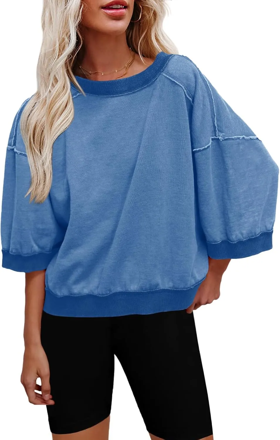 Nirovien Womens Oversized Sweatshirt 3/4 Sleeve Crewneck Sweatshirts Summer Color Block Pullover Tops