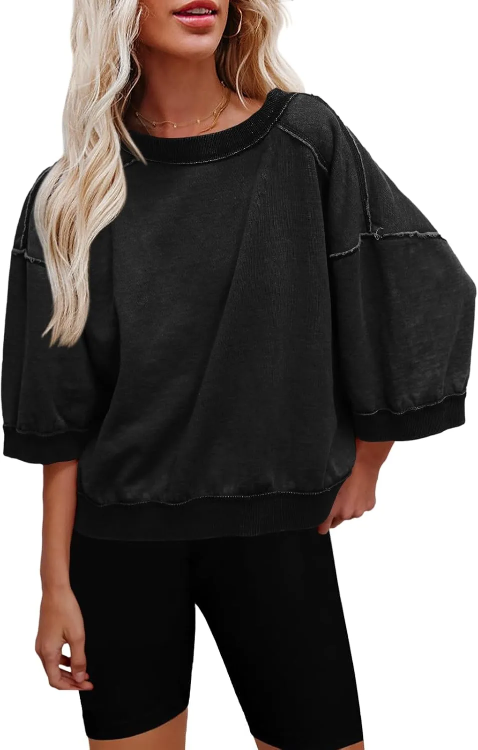 Nirovien Womens Oversized Sweatshirt 3/4 Sleeve Crewneck Sweatshirts Summer Color Block Pullover Tops