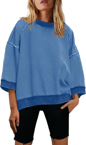 Nirovien Womens Oversized Sweatshirt 3/4 Sleeve Crewneck Sweatshirts Summer Color Block Pullover Tops
