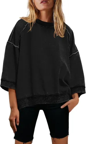 Nirovien Womens Oversized Sweatshirt 3/4 Sleeve Crewneck Sweatshirts Summer Color Block Pullover Tops