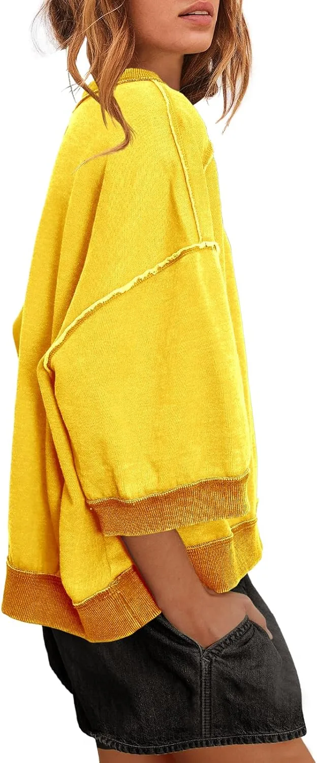 Nirovien Womens Oversized Sweatshirt 3/4 Sleeve Crewneck Sweatshirts Summer Color Block Pullover Tops