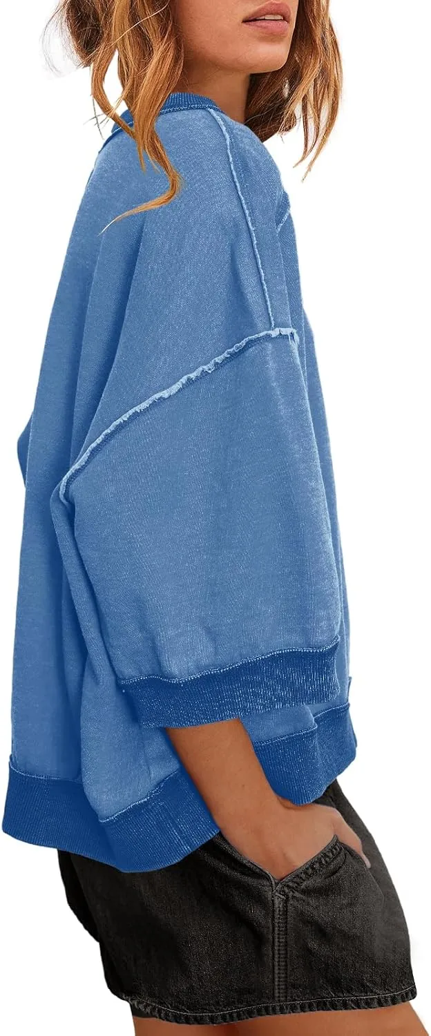 Nirovien Womens Oversized Sweatshirt 3/4 Sleeve Crewneck Sweatshirts Summer Color Block Pullover Tops