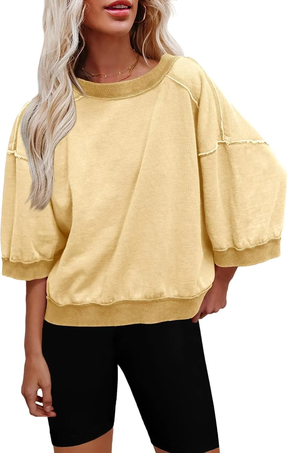 Nirovien Womens Oversized Sweatshirt 3/4 Sleeve Crewneck Sweatshirts Summer Color Block Pullover Tops