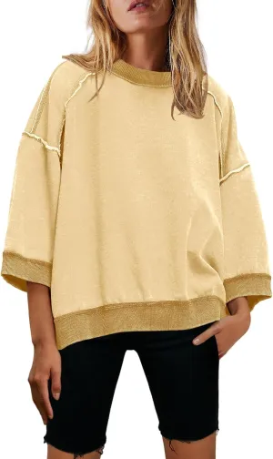 Nirovien Womens Oversized Sweatshirt 3/4 Sleeve Crewneck Sweatshirts Summer Color Block Pullover Tops