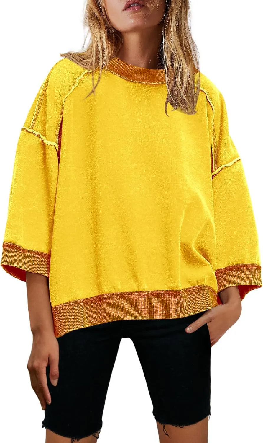 Nirovien Womens Oversized Sweatshirt 3/4 Sleeve Crewneck Sweatshirts Summer Color Block Pullover Tops