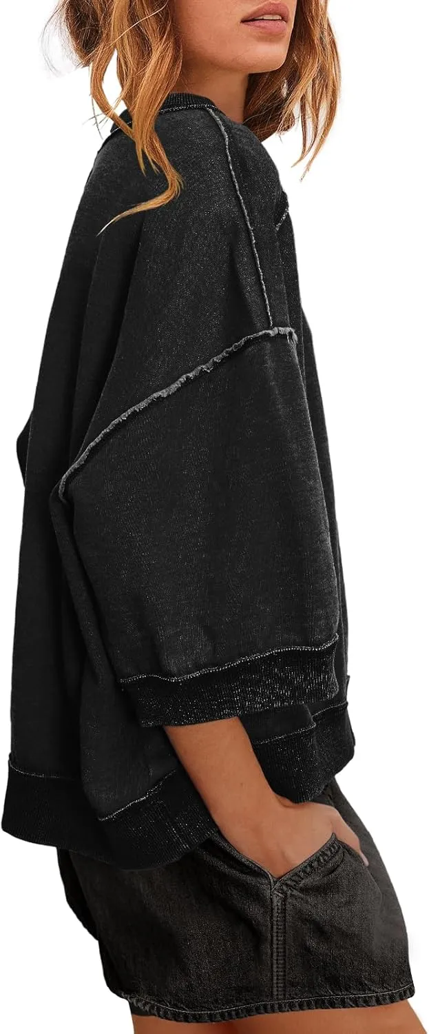Nirovien Womens Oversized Sweatshirt 3/4 Sleeve Crewneck Sweatshirts Summer Color Block Pullover Tops