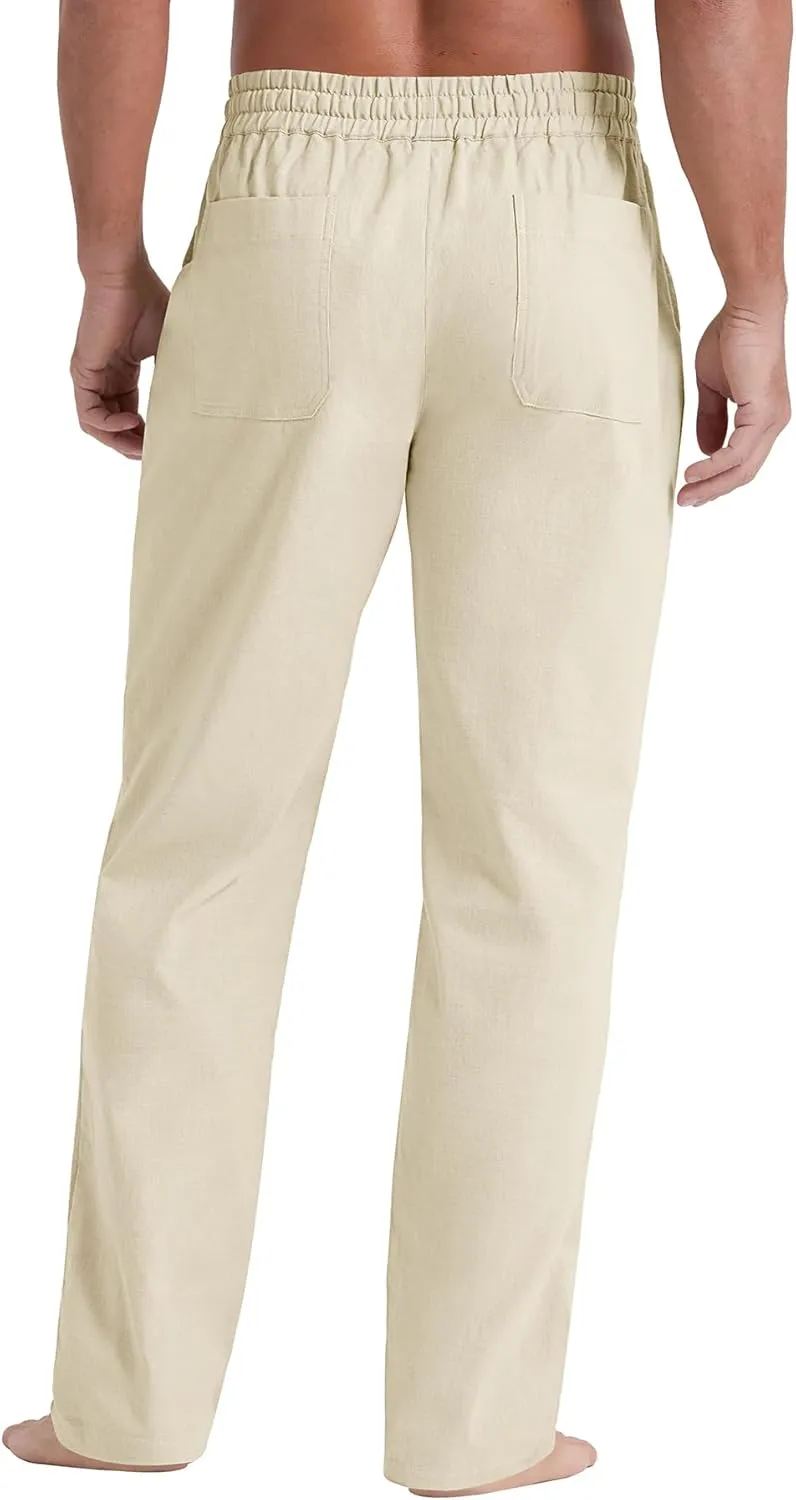 NITAGUT Mens Linen Pants Casual Elastic Waist Drawstring Lightweight Summer Beach Trousers with Pockets