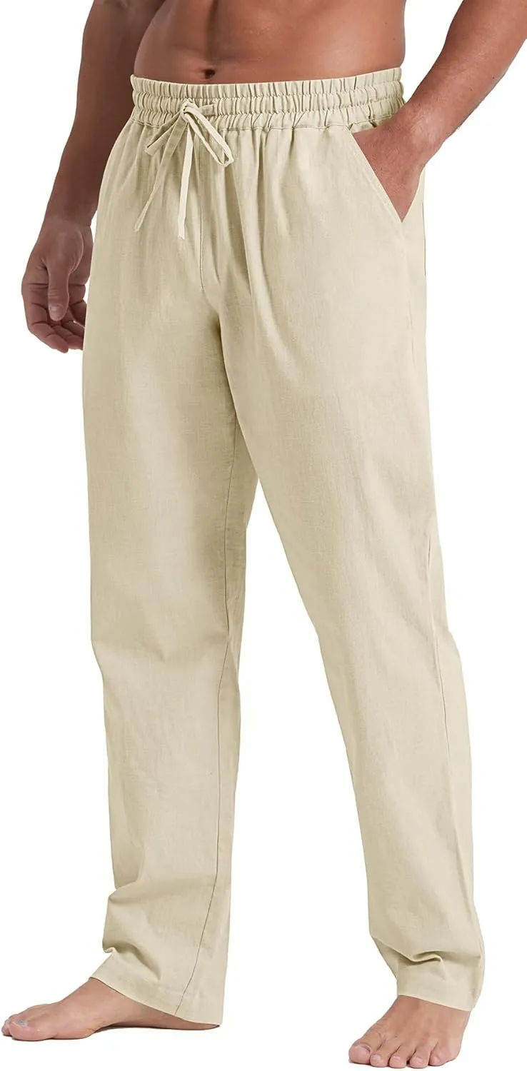 NITAGUT Mens Linen Pants Casual Elastic Waist Drawstring Lightweight Summer Beach Trousers with Pockets