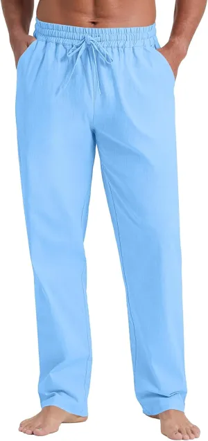 NITAGUT Mens Linen Pants Casual Elastic Waist Drawstring Lightweight Summer Beach Trousers with Pockets