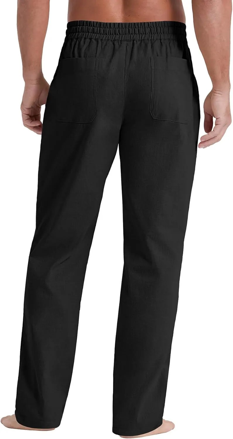 NITAGUT Mens Linen Pants Casual Elastic Waist Drawstring Lightweight Summer Beach Trousers with Pockets