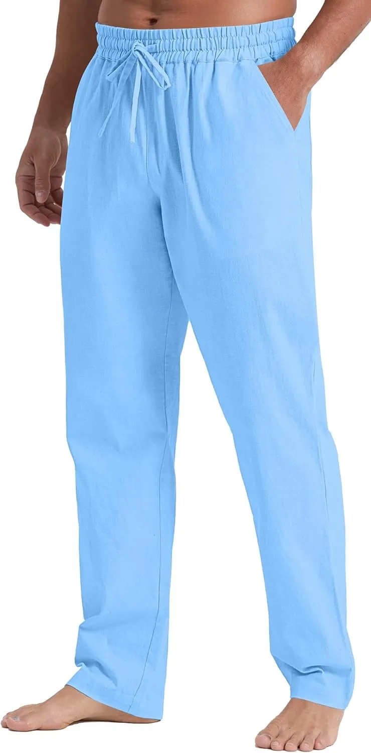 NITAGUT Mens Linen Pants Casual Elastic Waist Drawstring Lightweight Summer Beach Trousers with Pockets