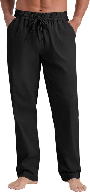 NITAGUT Mens Linen Pants Casual Elastic Waist Drawstring Lightweight Summer Beach Trousers with Pockets