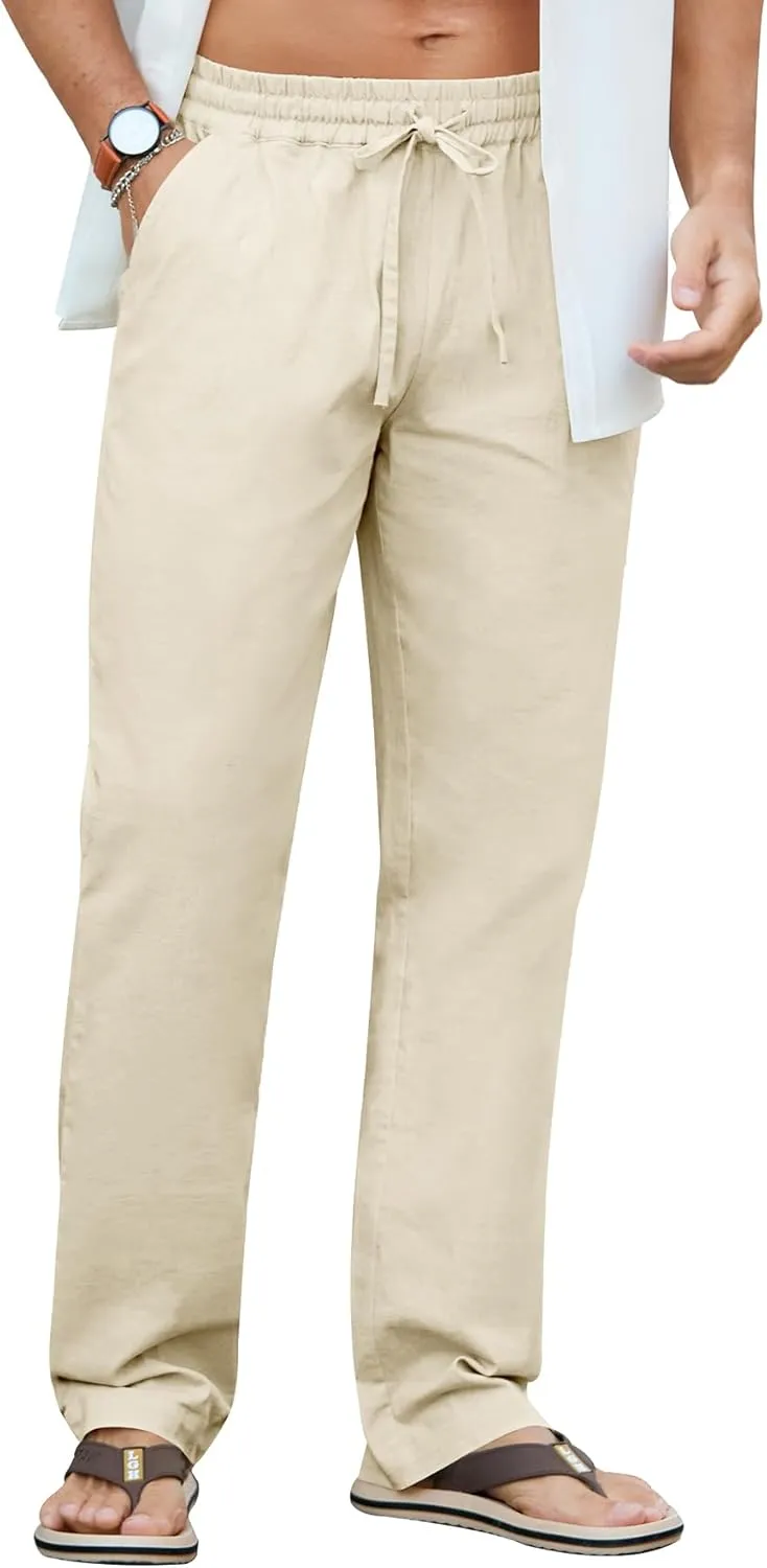NITAGUT Mens Linen Pants Casual Elastic Waist Drawstring Lightweight Summer Beach Trousers with Pockets