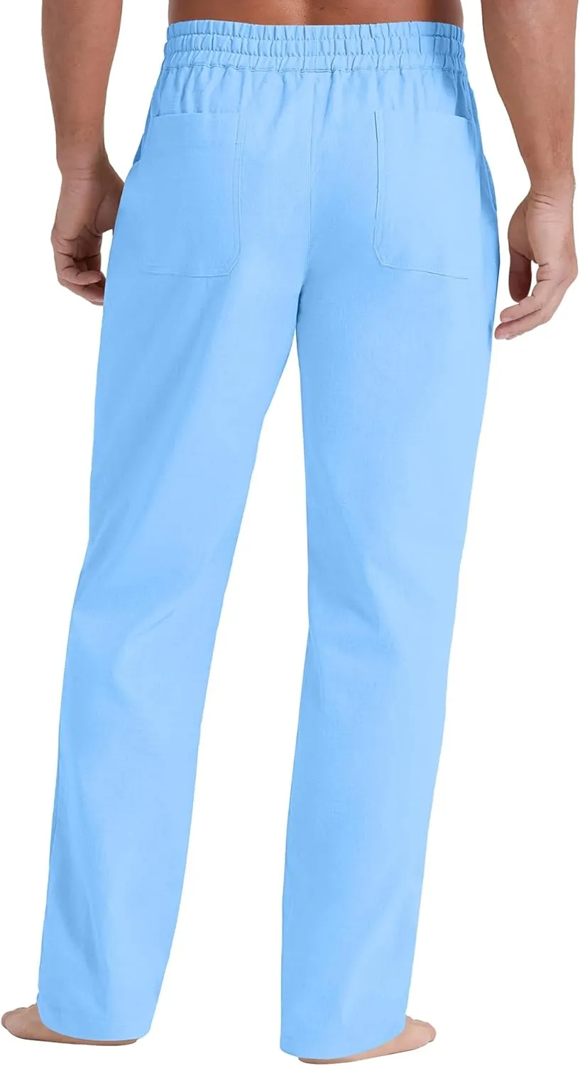 NITAGUT Mens Linen Pants Casual Elastic Waist Drawstring Lightweight Summer Beach Trousers with Pockets