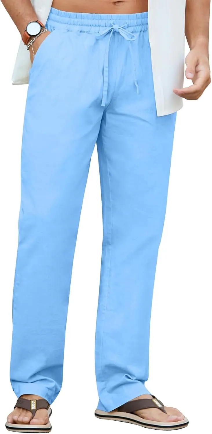 NITAGUT Mens Linen Pants Casual Elastic Waist Drawstring Lightweight Summer Beach Trousers with Pockets