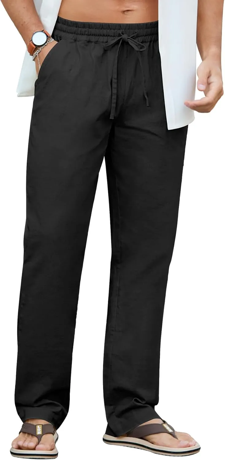 NITAGUT Mens Linen Pants Casual Elastic Waist Drawstring Lightweight Summer Beach Trousers with Pockets