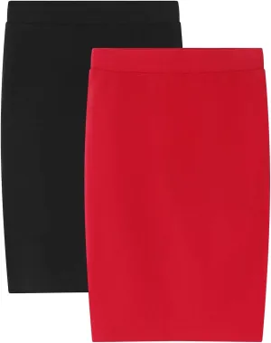Noomelfish Girls 2 Pack Knee Length Pencil Skirts Plain Stretch Cotton Modest Skirt (5-14 Years)