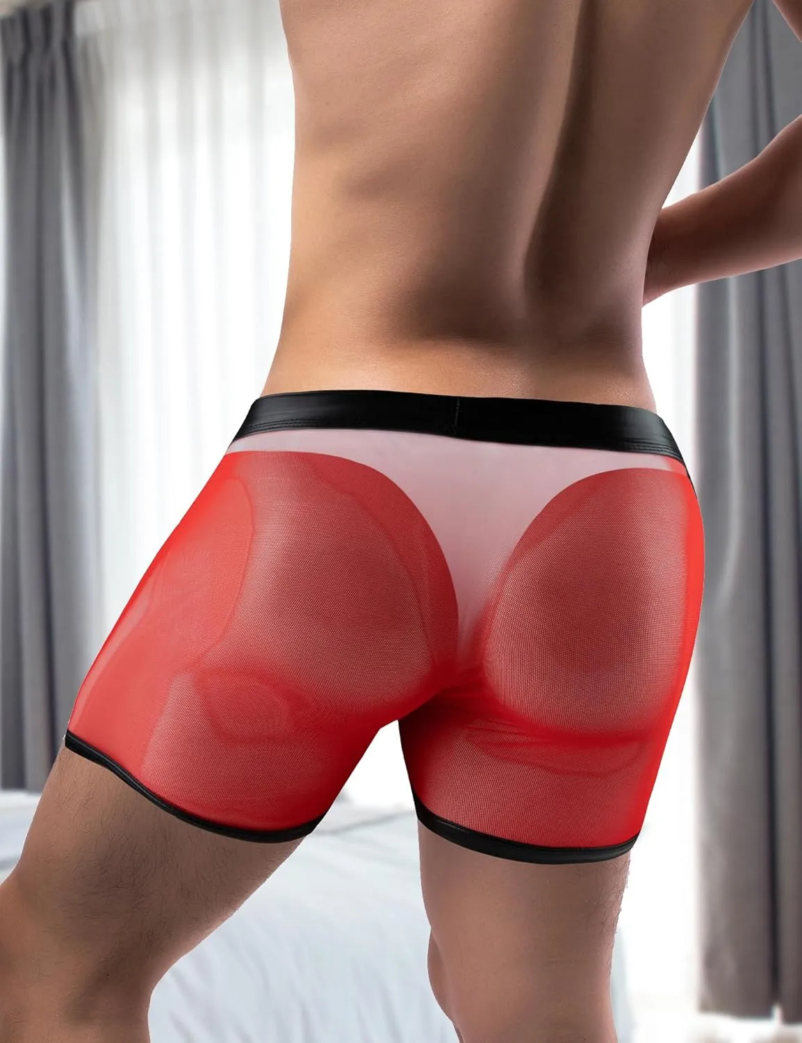 ohmydear Men Sexy Boxer Briefs See Through Mesh Underwear Funny Button Faux Leather Removable Pouch Breathable Underpants