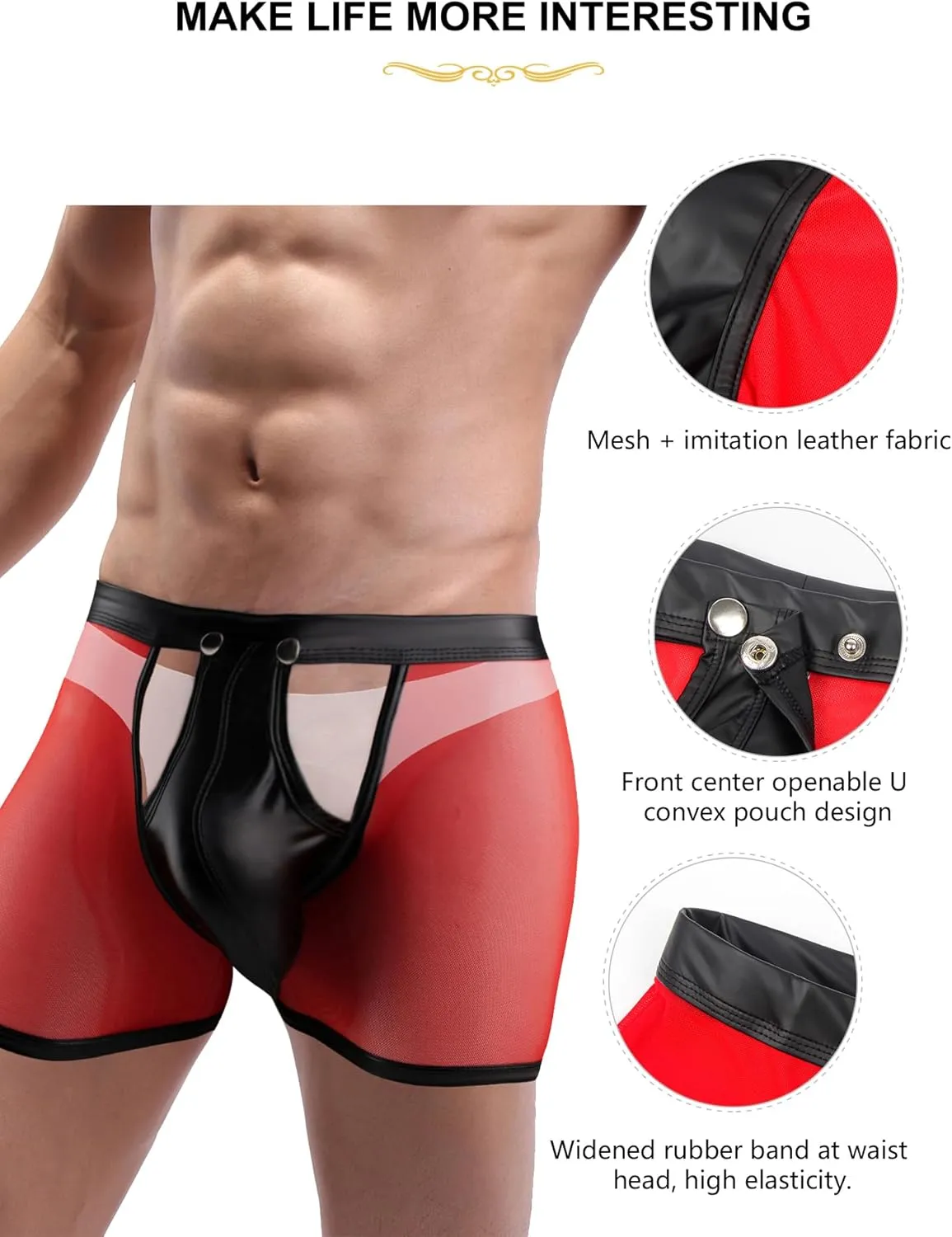 ohmydear Men Sexy Boxer Briefs See Through Mesh Underwear Funny Button Faux Leather Removable Pouch Breathable Underpants