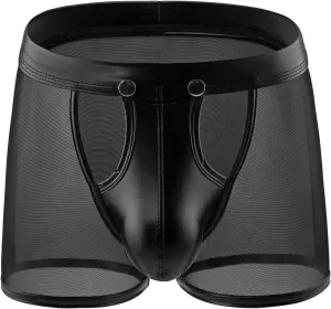 ohmydear Men Sexy Boxer Briefs See Through Mesh Underwear Funny Button Faux Leather Removable Pouch Breathable Underpants